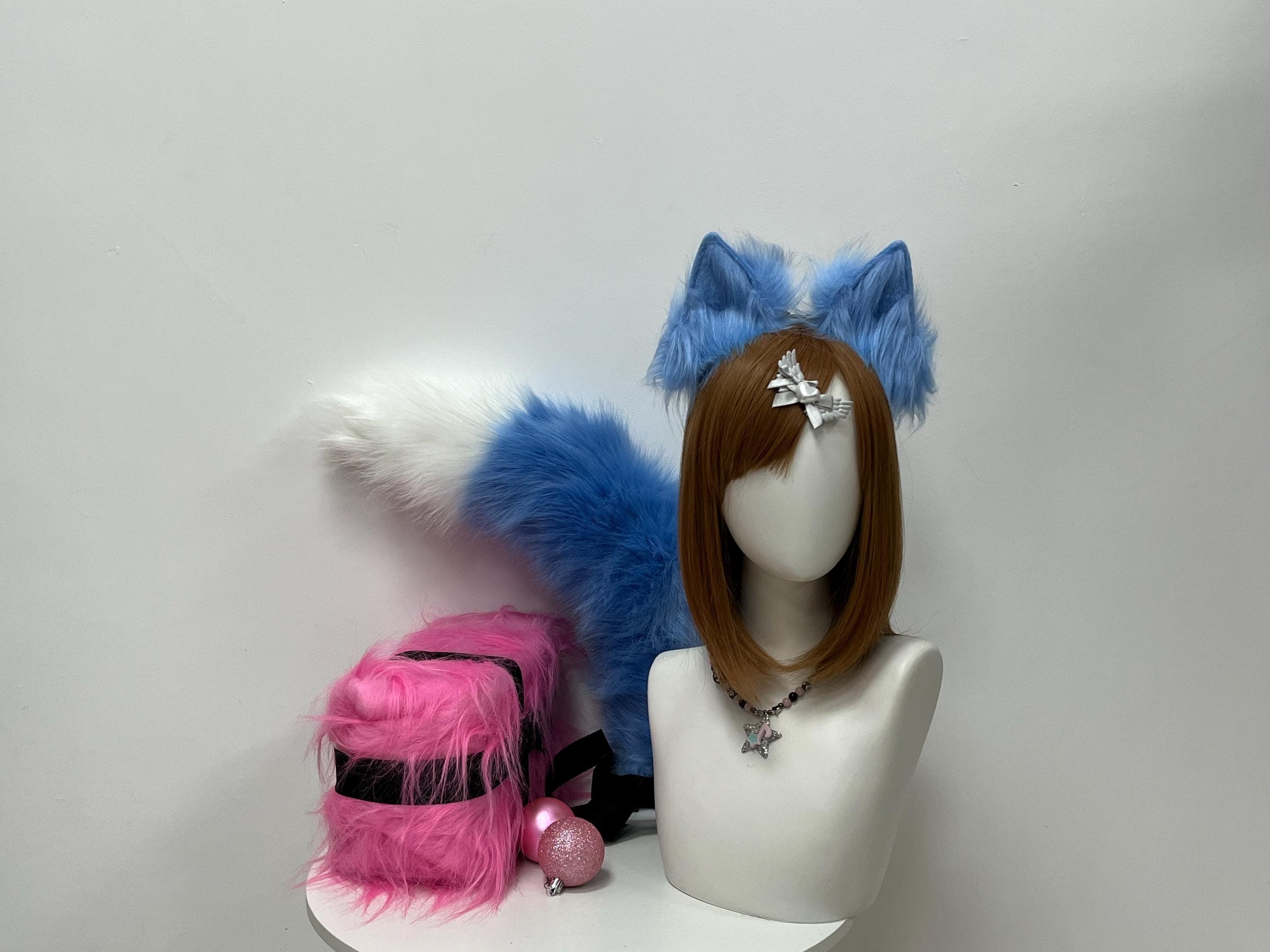 Sky blue fox ears and tail set with fluffy faux fur headband, front view. Cornflower blue wolf ear tips fade into soft powder blue inner fluff, paired with a matching azure fox tail featuring a snowy white tip. Kemonomimi kitsune cosplay costume accessory, perfect for anime con fits, fantasy ice spirit characters, frost fairy larp looks, ocean themed masquerades, sapphire furry fursona builds, Halloween trick or treat nights and streamer vtuber photoshoot content.