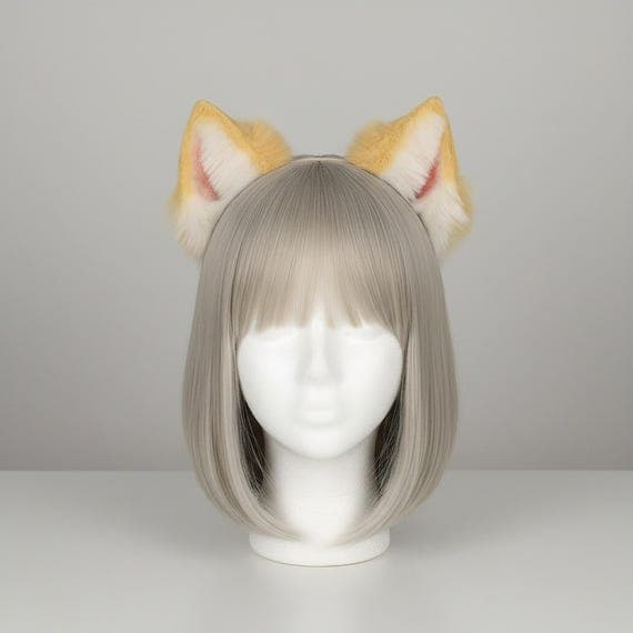 Puppy ears headband in golden tan faux fur with cream white inner ears and pink accents on slim black metal headband, realistic fluffy Shiba Inu dog ears for cosplay displayed on mannequin with ash blonde wig, front view showing tall upright pointed furry animal ears with 3D volume and plush tufts at base against neutral studio background