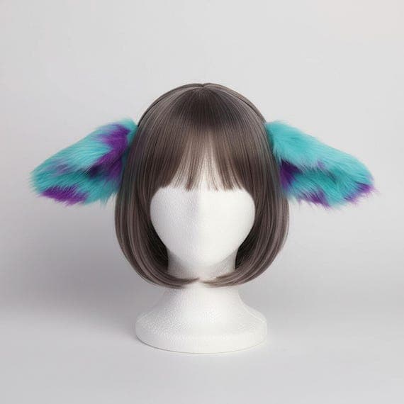 Plush sheep ear headband in teal blue with purple polka dot accents displayed on a styrofoam mannequin head. Oversized floppy faux fur lamb ears droop outward on a slim black metal headband. Soft fluffy fur with irregular spotted pattern. Lightweight cosplay accessory for anime conventions, Halloween costumes, therian meetups, and fantasy events. One size fits most.