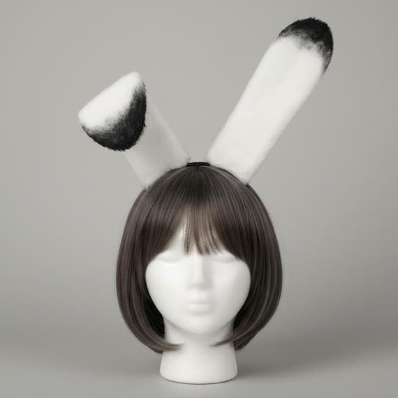 Rear view of arctic rabbit poseable ears headband on mannequin head with dark brown wig showing back of white faux fur ears with dark gradient tips, slim metal headband visible across back of head, warm beige background.