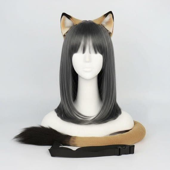 Tawny brown faux fur lion ears and tail cosplay set on white mannequin head with cool dark grey wig. Clip on lion ear hair clips secured into hair showing tawny fur body with black tips and white inner tufts. Matching faux fur lion tail with dark brown fluffy tuft tip laid flat in front of mannequin bust with black belt strap. Animal costume accessories safari outfit stage costume performance theatrical dress up for Halloween jungle themed party convention. Studio photo neutral grey background.
