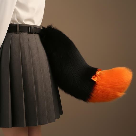 Side view of orange and black two-tone faux fur fox tail clipped at waist on dark pleated skirt showing gentle C-curve shape with fluffy black body and vivid orange colored tip with decorative yellow satin ribbon bow at color junction. Fox tail cosplay costume accessory kitsune therian prop on warm beige studio background. Plush polyester faux fur fox tail with adjustable belt strap for cosplay conventions anime halloween festivals. Bold two-tone fox tail prop.