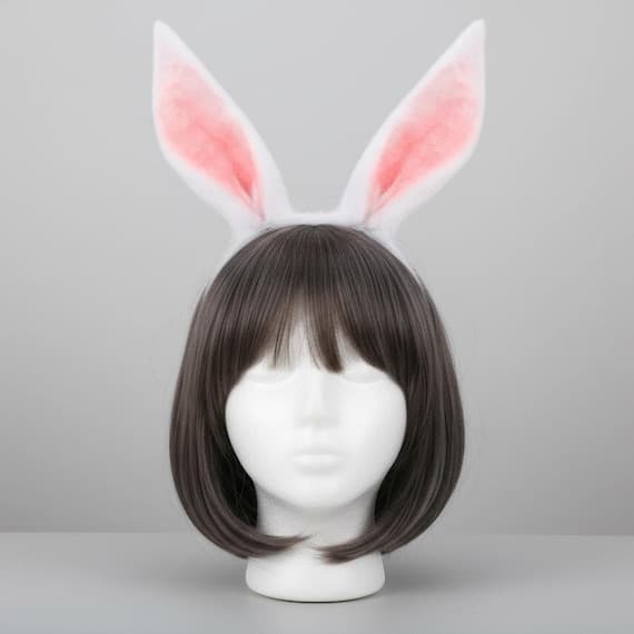Rear view of realistic poseable rabbit ears headband on mannequin head with dark brown wig showing back of white faux fur ears, thin metal wire headband visible across back of head, warm beige background.