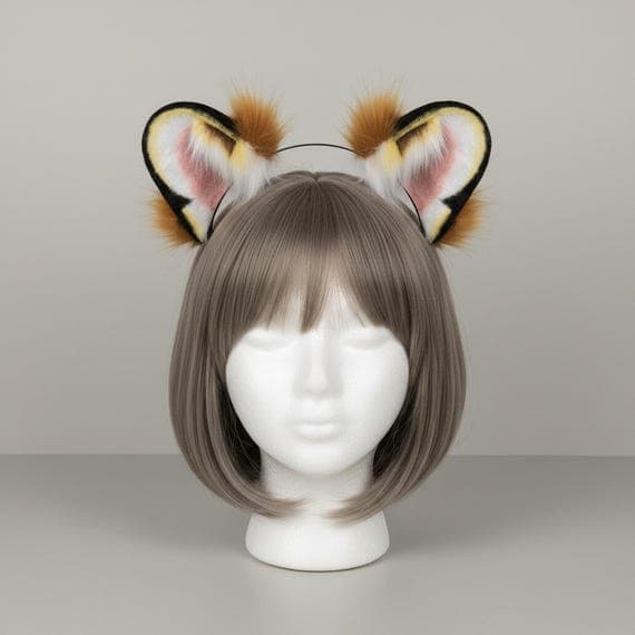 Realistic tiger beast ear headband with rounded heart-shaped faux fur ears featuring multi-color inner panels with pink center golden-yellow streaks and black accent markings with black felt border and tawny golden-brown fur tufts at tips on a mannequin head with grey-brown bob wig, tiger ears cosplay furry ears costume ears beast ears animal ears headband faux fur ears cosplay animal ears fluffy ears fantasy ears tiger ears headband cosplay headband against neutral grey studio background