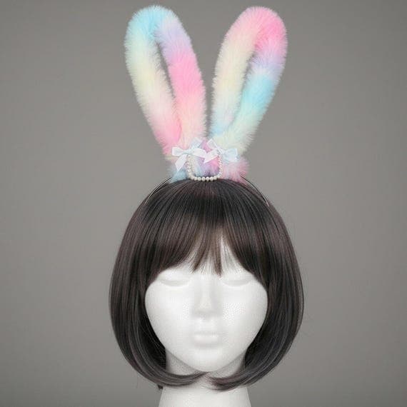 Pink gradient pastel bunny ears headband on mannequin head with dark brown wig, plush faux fur rabbit ears with pink to white ombre gradient, pearl bead and satin bow detail at base, black headband, studio lighting on neutral background