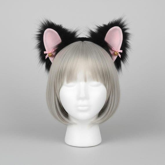 Kawaii black faux fur cat ear headband with pink velvet inner ears pink ribbon bows and gold jingle bells on a mannequin head with ash blonde bob wig, kawaii cat ears cosplay neko ears lolita anime headband against neutral grey studio background