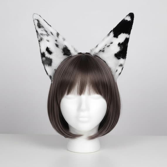 Black and white spotted dog ear headband on mannequin head with brown bob wig. Tall pointed plush ears with irregular dalmatian-like spotted pattern on slim metal headband. Realistic spotted wolf dog ears cosplay accessory for halloween anime con festival rave therian kemonomimi.