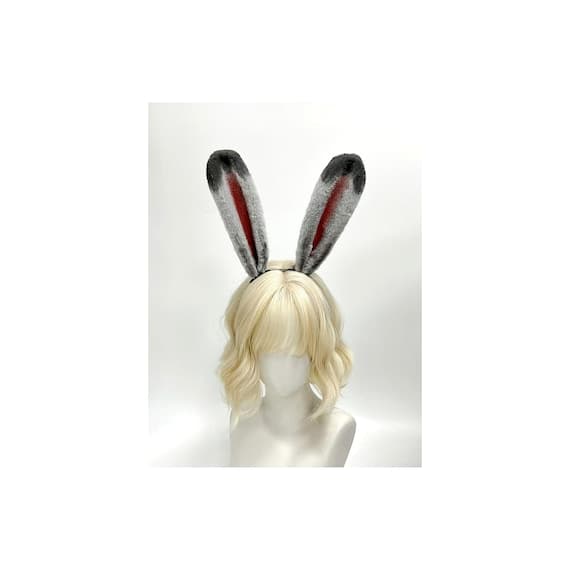 Grey and deep rose pink faux fur poseable bunny rabbit ears headband front view showing realistic long upright ears perfect for Easter costume cosplay Halloween. Soft grey outer fur with dusty rose pink inner ears, bendable wire frame allows custom positioning for character cosplay anime convention. Comfortable slim headband disappears under wigs or natural hair, lightweight for all-day wear at conventions festivals. Ideal for bunny girl cosplay Easter party Halloween costume anime con rave outf