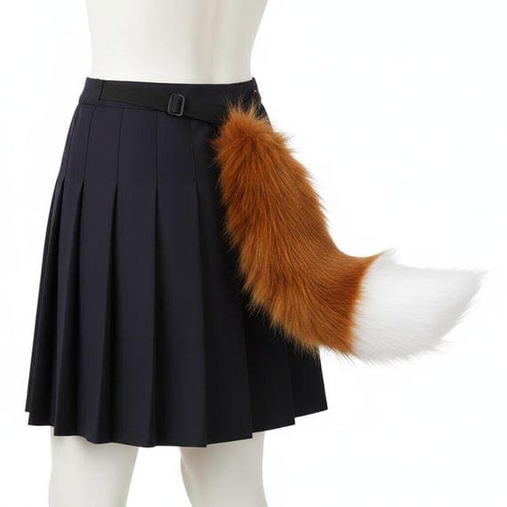 Side view of brown faux fur wolf tail worn on mannequin body with pleated navy skirt. Warm brown plush wolf tail with white tip attached at waist with adjustable black belt strap. Fluffy thick fur curves naturally downward. Animal costume cosplay accessory wolf costume halloween convention prop. Studio photo on neutral background.