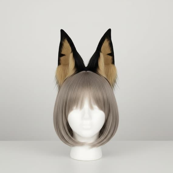 Black and tan Doberman dog ear headband displayed on white styrofoam mannequin head with grey-brown bob wig. Tall pointed plush faux fur Doberman Pinscher ears with tan inner markings and fluffy fur tufts on slim metal headband. Realistic dog ears cosplay accessory for halloween anime con festival rave therian cosplay.